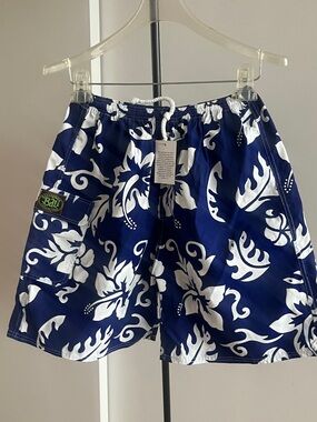 NWT Bali Unisex Hawaiian Floral Shorts Side Pocket Blue & White Cotton Blend Med